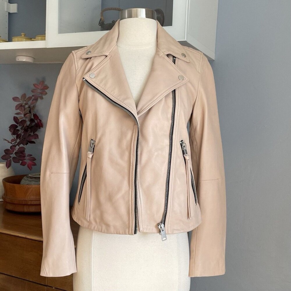 AllSaints Dalby Leather Moto Biker Jacket Pale Pink Size US 4